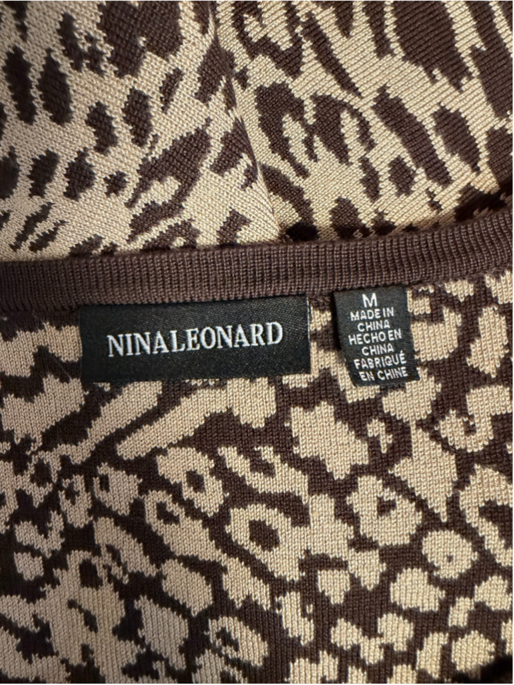 Women's Nina Leonard Dress Medium Camel Chocolate Animal Print Midi New NWT - Picture 5 of 16